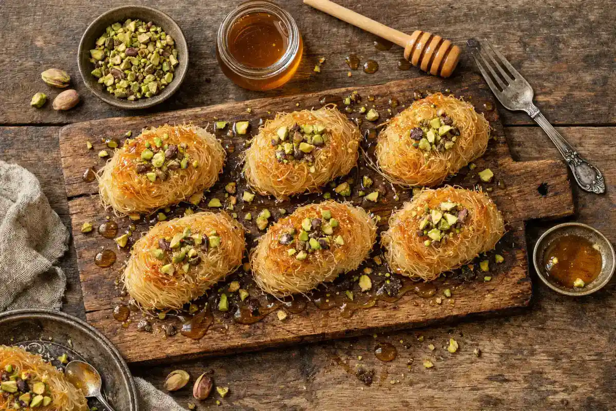 Frisches Kataifi-Gebäck-Dessert auf rustikalem Holztisch - 280 Kalorien pro 80 g Portion