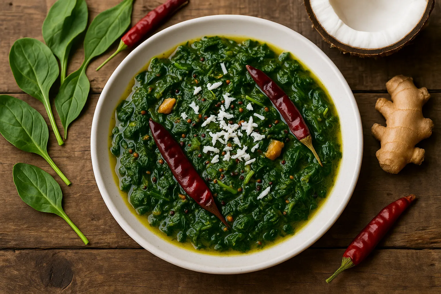 Frischer Keerai Masiyal auf Keramikteller - 32 Kalorien pro Tasse