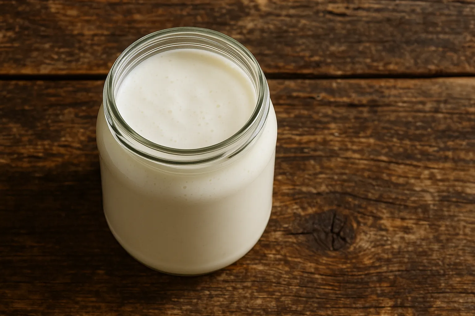 Fresh kefir in glass jar on rustic wooden table - 61 calories per 100ml
