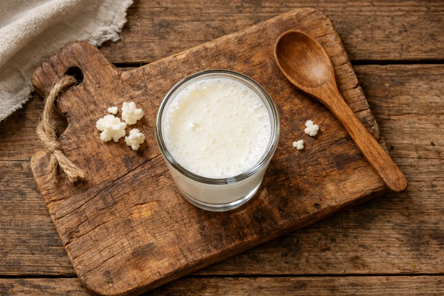 Shot de kéfir frais sur table en bois rustique - 41 calories pour 100 ml