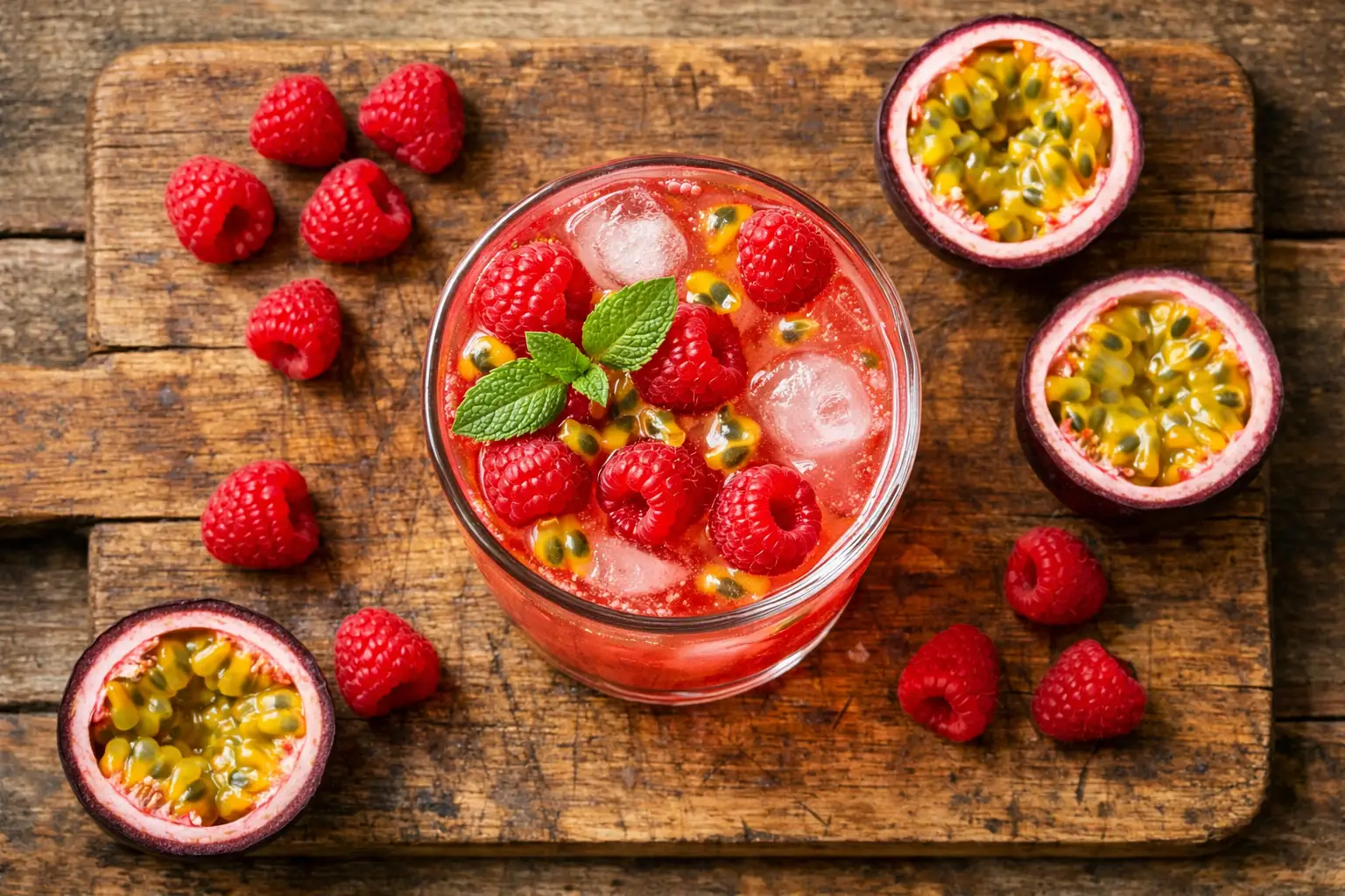Agua de kéfir fresca con frambuesa y maracuyá en mesa de madera rústica - 20 calorías por porción de 250 ml