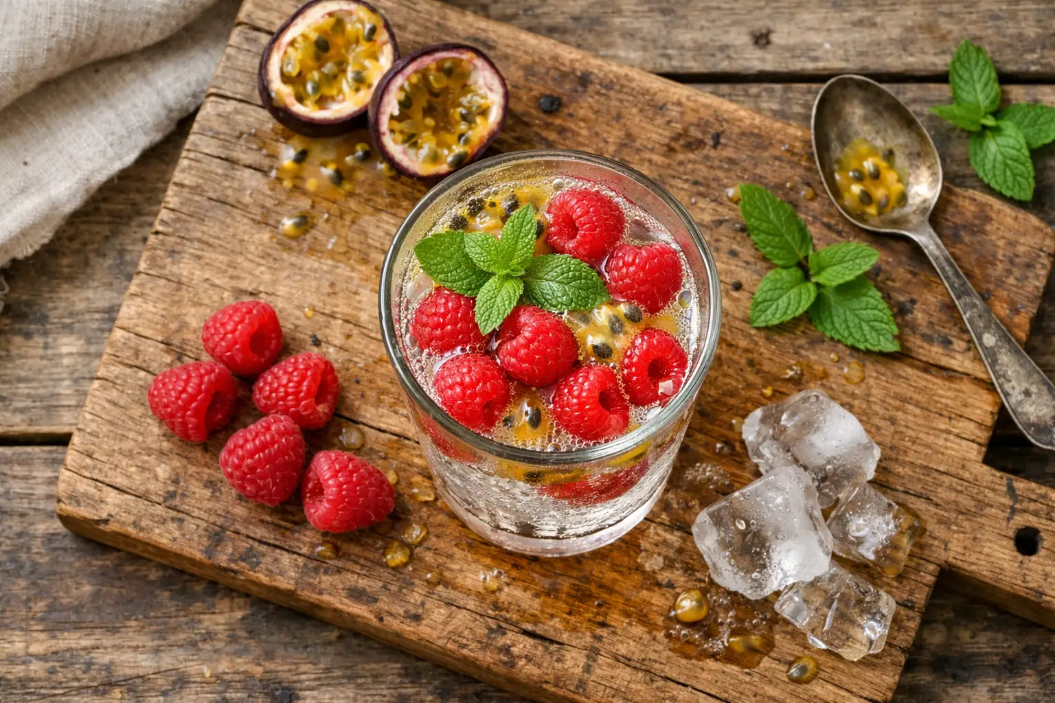 Frischer Wasserkefir mit Himbeere und Passionsfrucht auf rustikalem Holztisch - 20 Kalorien pro 250 ml Portion