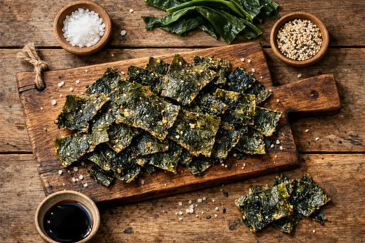 Chips de kelp fraîches sur table en bois rustique - 35 calories par portion de 15 g