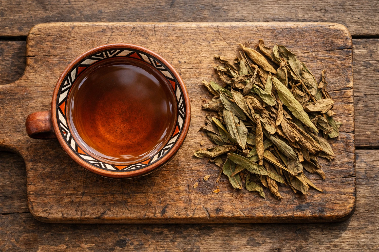 Fresh kenkiliba tea in traditional cup on rustic wooden table - 2 calories per cup