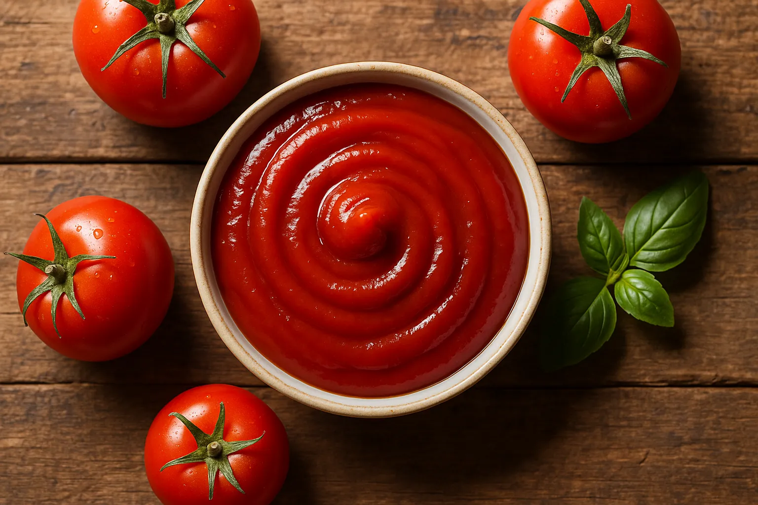 Fresh tomato ketchup on rustic wooden table - 101 calories per 100g