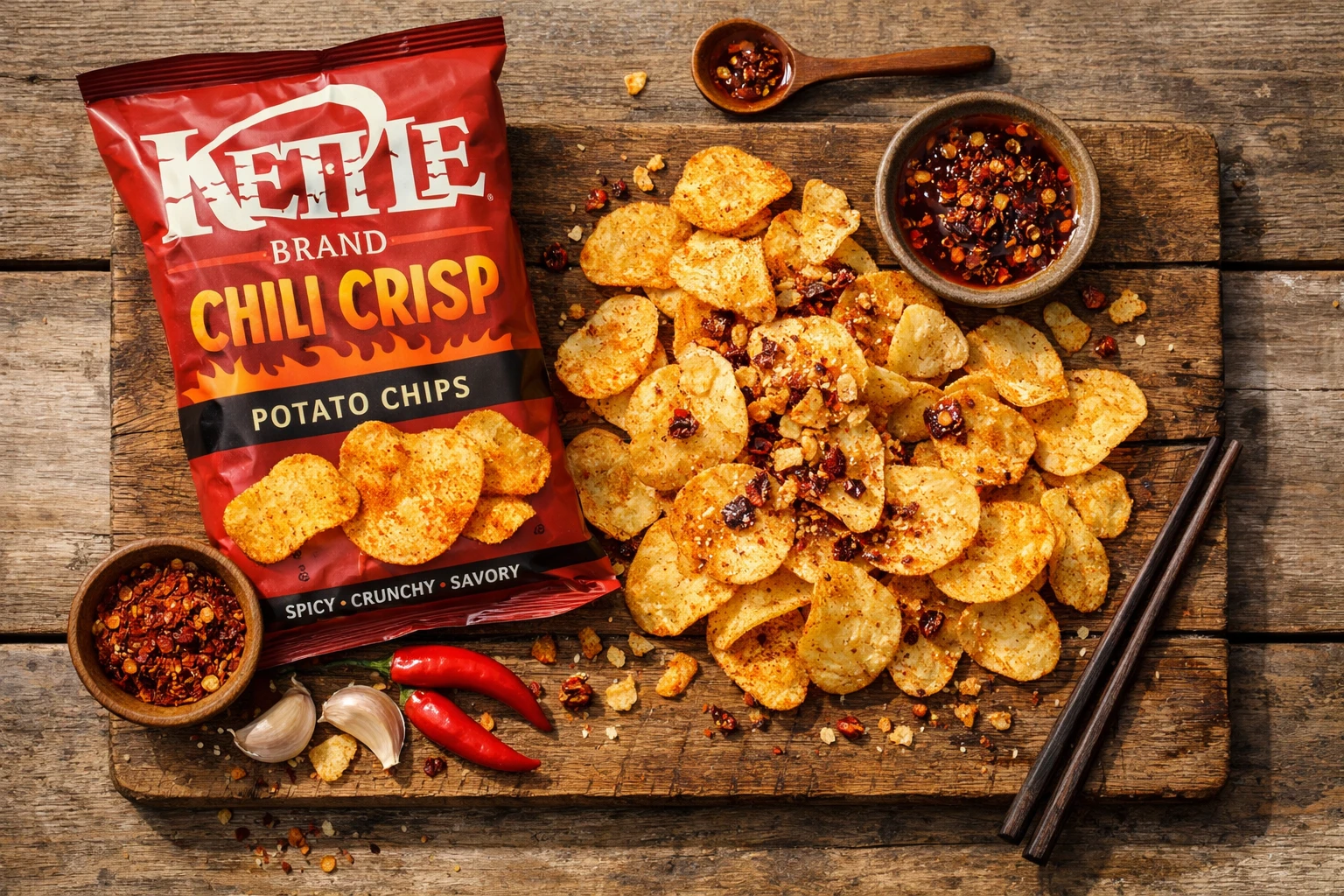 Kettle Chili Crisp chips रस्टिक लकड़ी की मेज पर - प्रति सर्विंग 140 कैलोरी