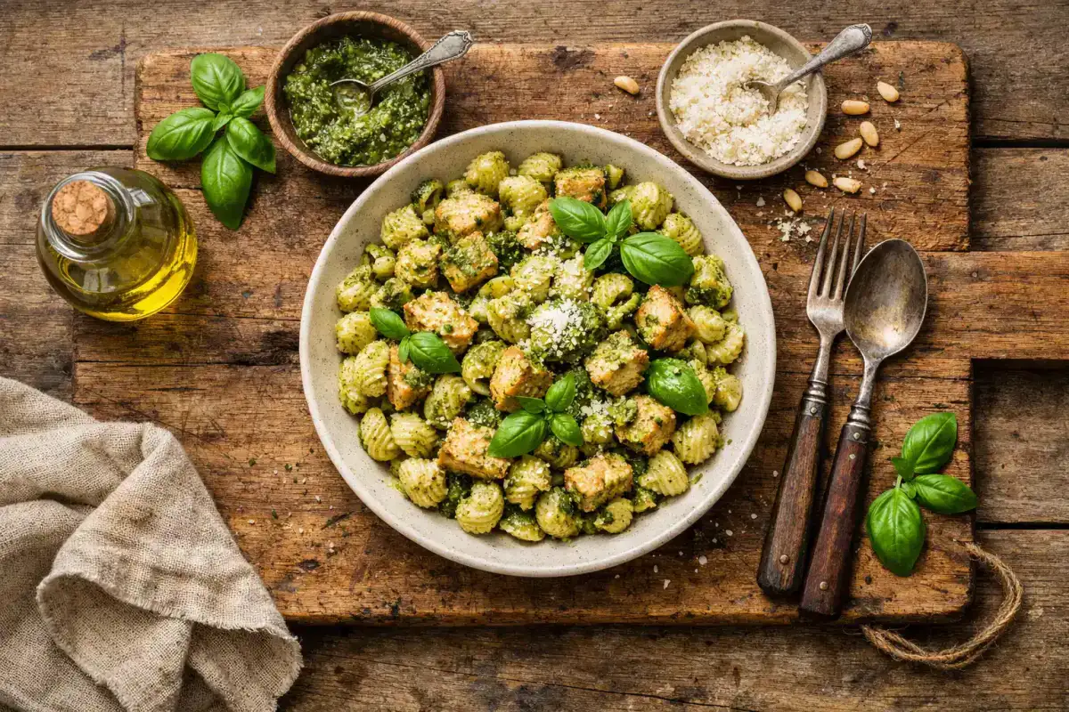 Frische Pesto-Hähnchen-Pasta auf rustikalem Holztisch – 260 Kalorien pro Portion