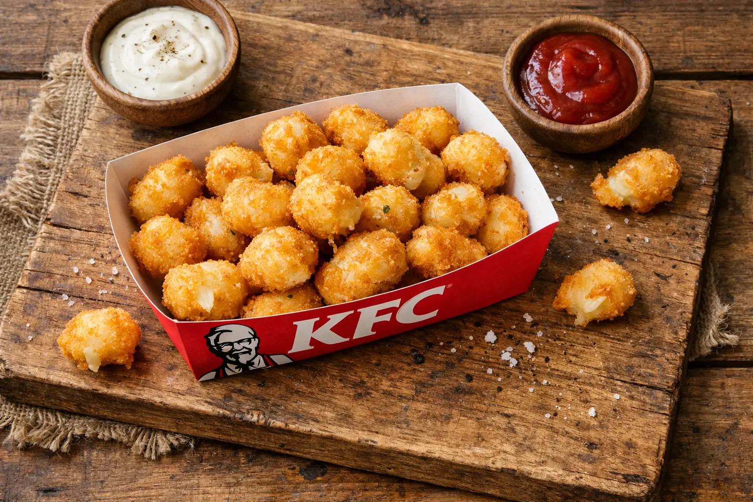 Fresh KFC cheese curds on rustic wooden table - 280 calories per serving