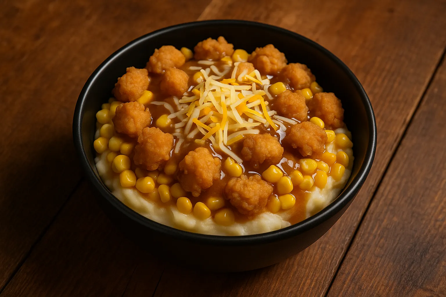 KFC Famous Bowl with mashed potatoes, chicken, corn, gravy, and three-cheese blend - 610 calories per bowl