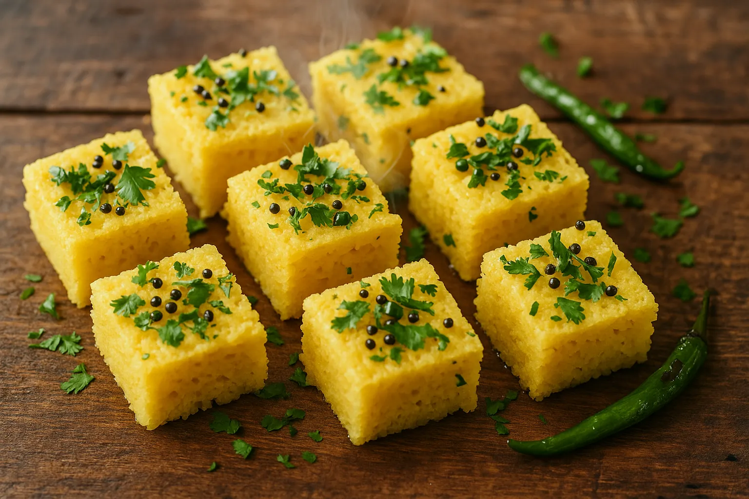 Fresh khaman dhokla on rustic wooden table - 135 calories per 100g