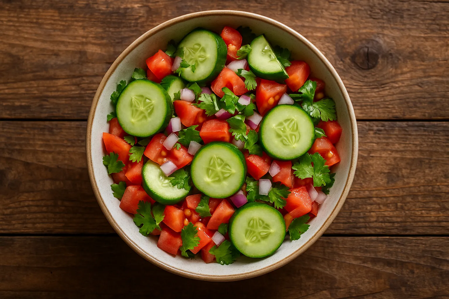 लकड़ी की रस्टिक टेबल पर ताजा खीरा सलाद - 100g में 25 कैलोरी