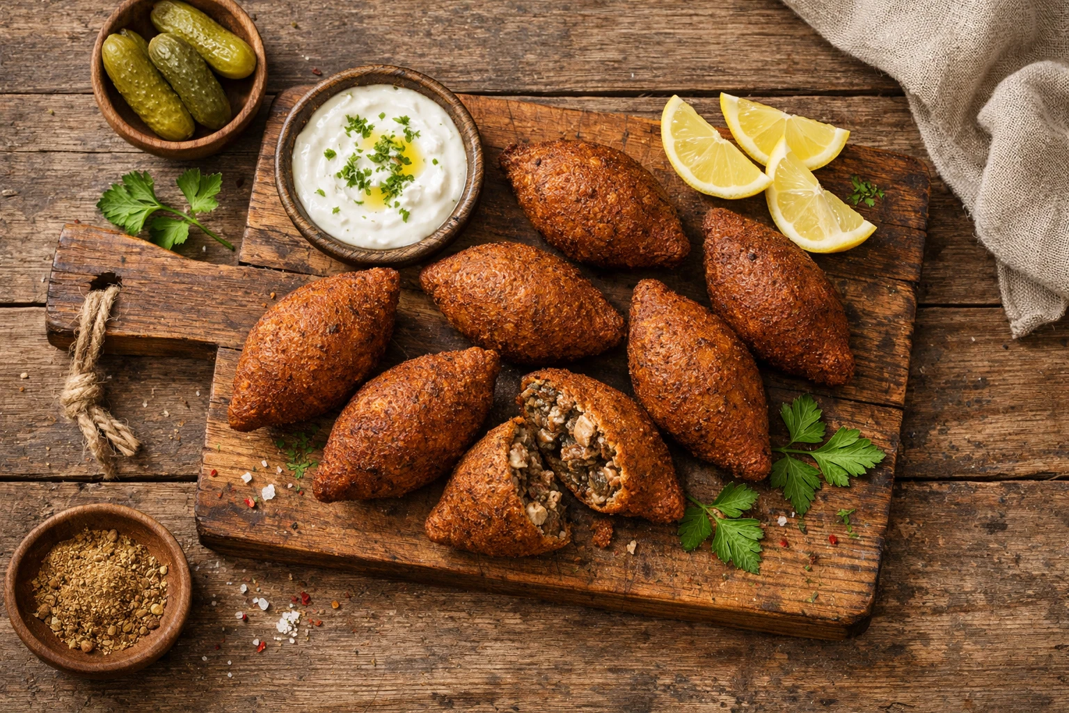 Fresh kibbeh on rustic wooden table - 180 calories per 2 pieces