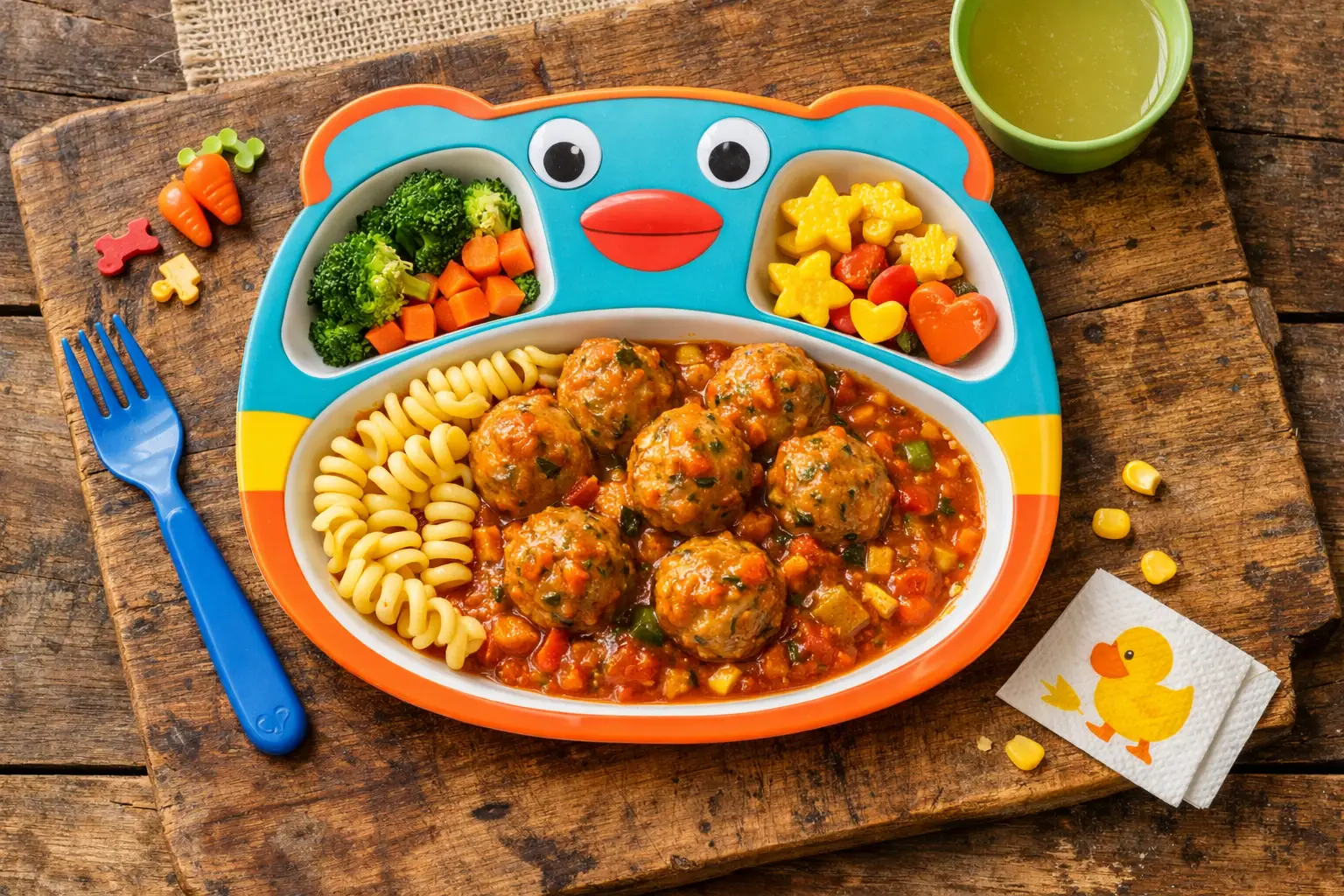 Fresh Kidfresh hidden veggie meal on rustic wooden table - 220 calories per meal