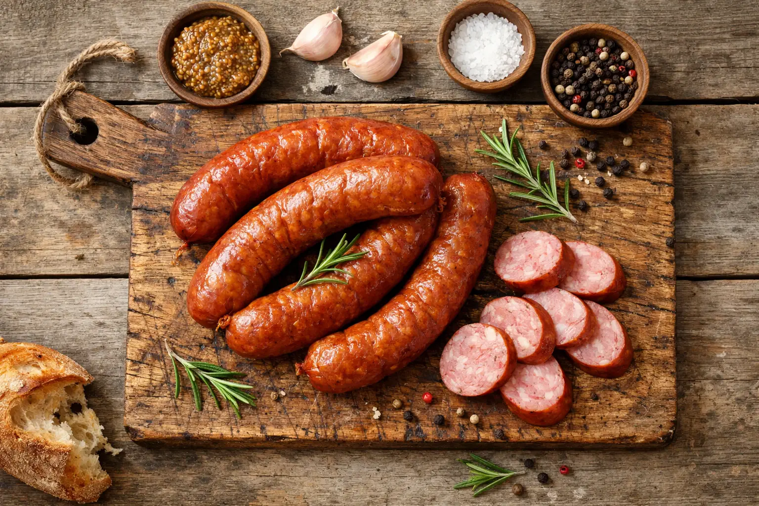 लकड़ी के बोर्ड पर ताजा पोलिश kielbasa सॉसेज - 100g में 226 कैलोरी