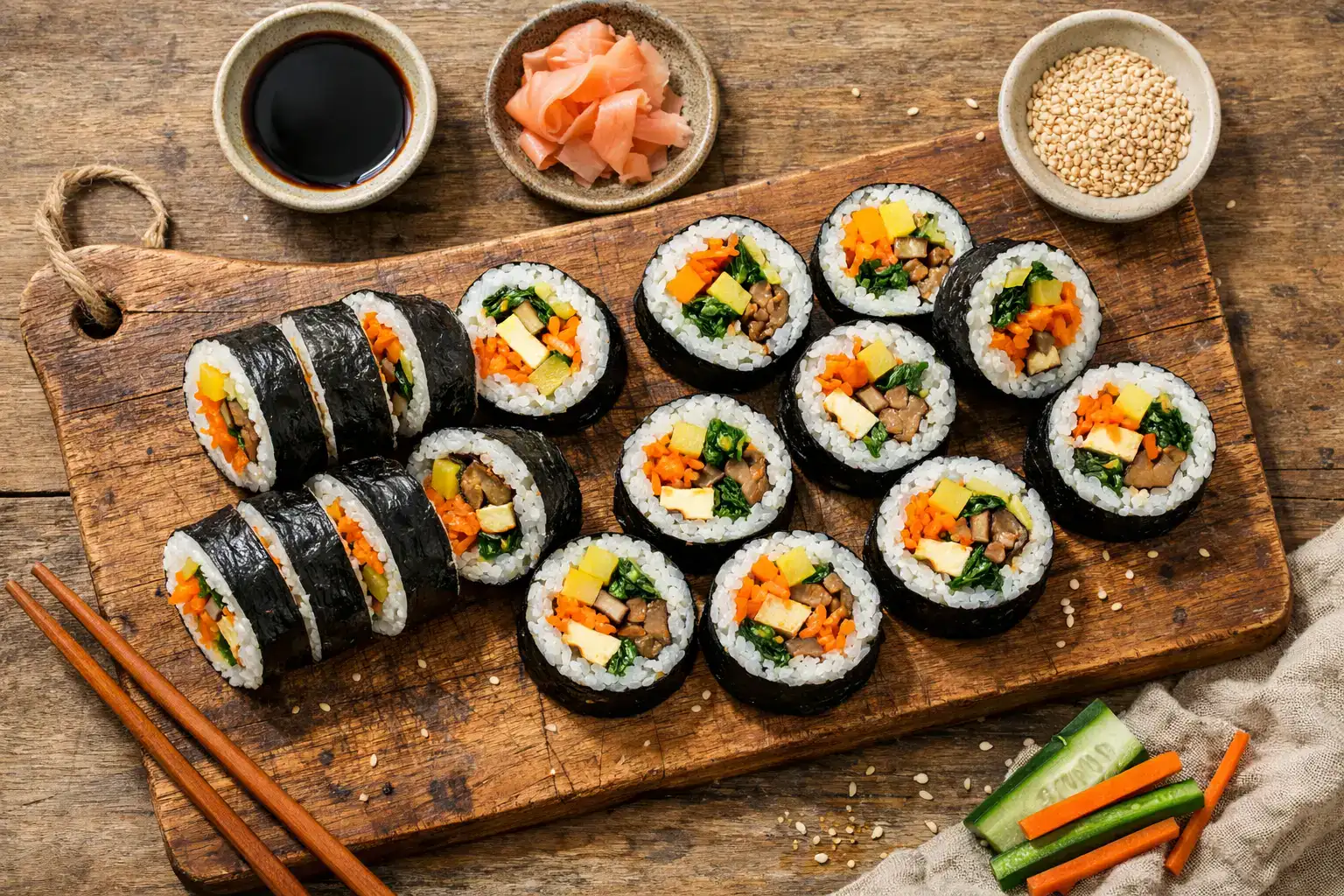 Frisches Kimbap, koreanische Algen-Reisrollen auf rustikalem Holztisch - 150 Kalorien pro 100 g