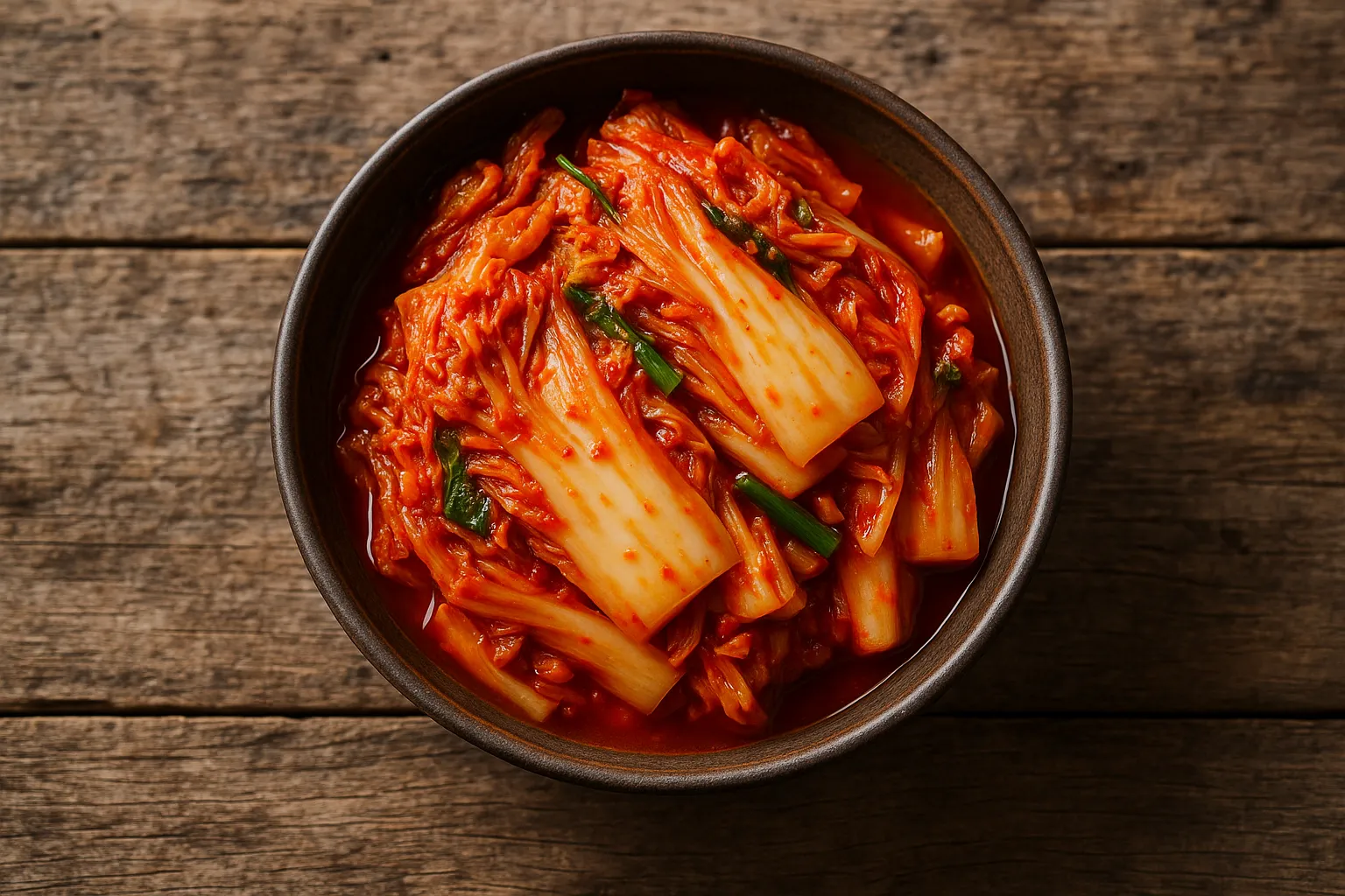 Fresh kimchi in traditional bowl on rustic wooden table - 15 calories per 100g