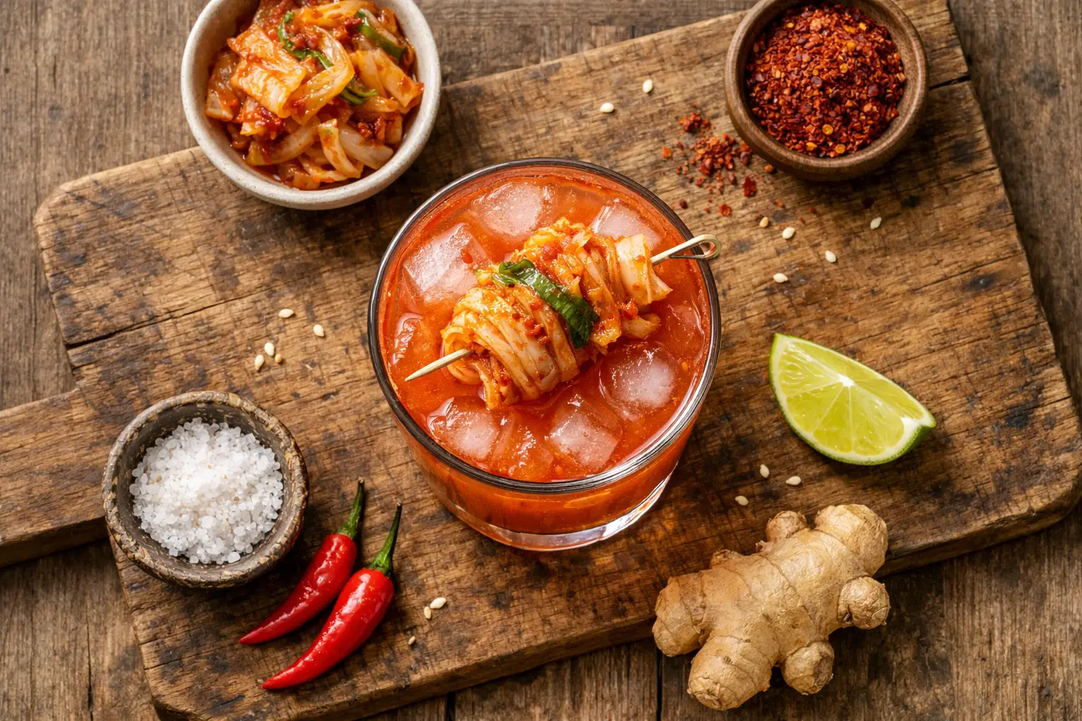Cocktail au kimchi frais sur table en bois rustique - 120 calories par portion