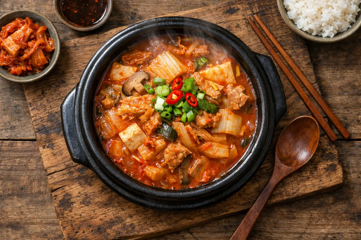 Kimchi jjigae frais dans un pot en terre cuite - 150 calories par bol