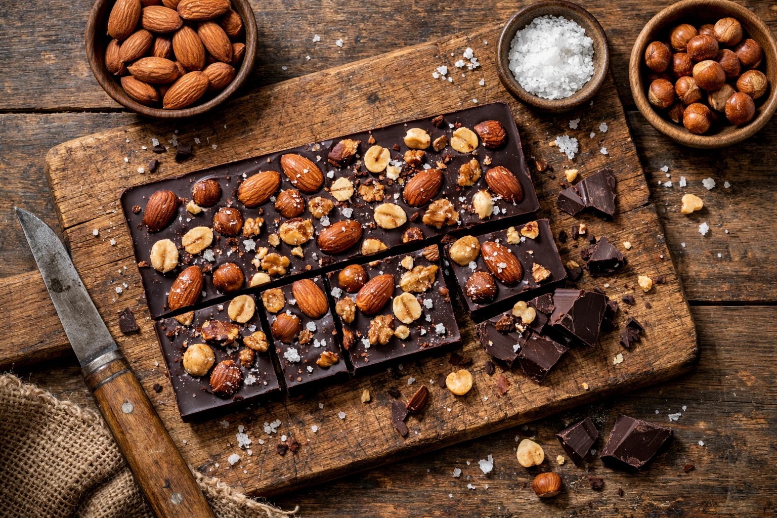 Barra KIND chocolate negro nueces sal marina sobre tabla de madera - 200 calorías por barra