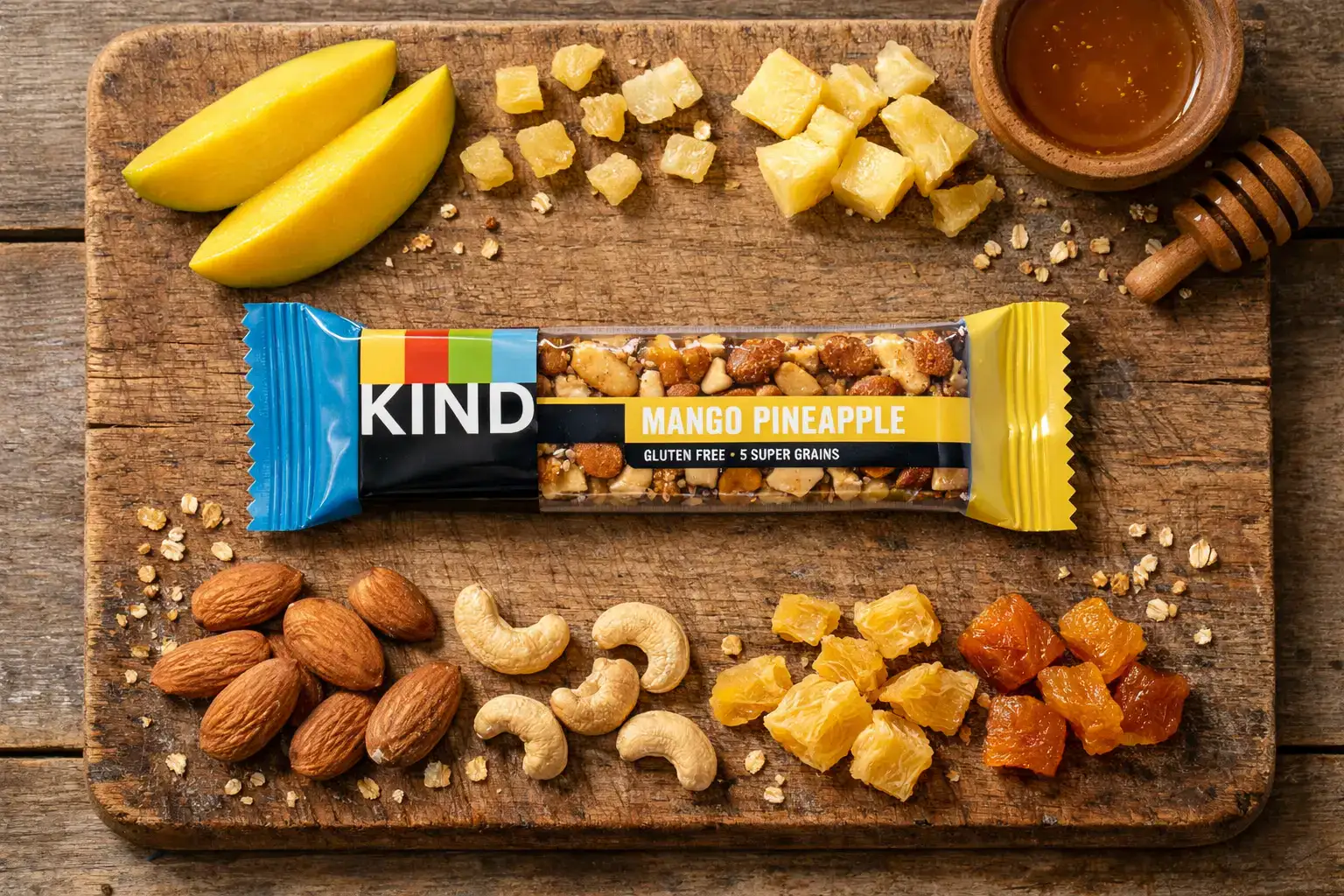 KIND Mango Pineapple Nut Bar on rustic wooden table - 200 calories per bar