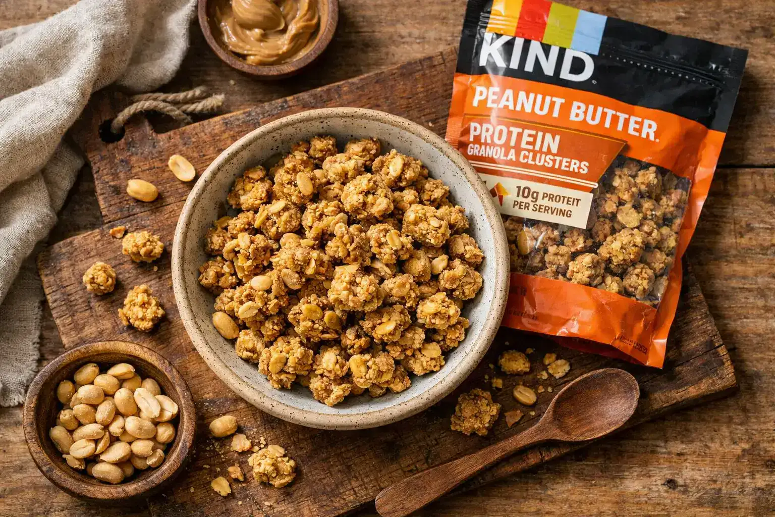 KIND Protein Granola Peanut Butter क्लस्टर्स एक बाउल में - 2/3 कप सर्विंग में 260 कैलोरी