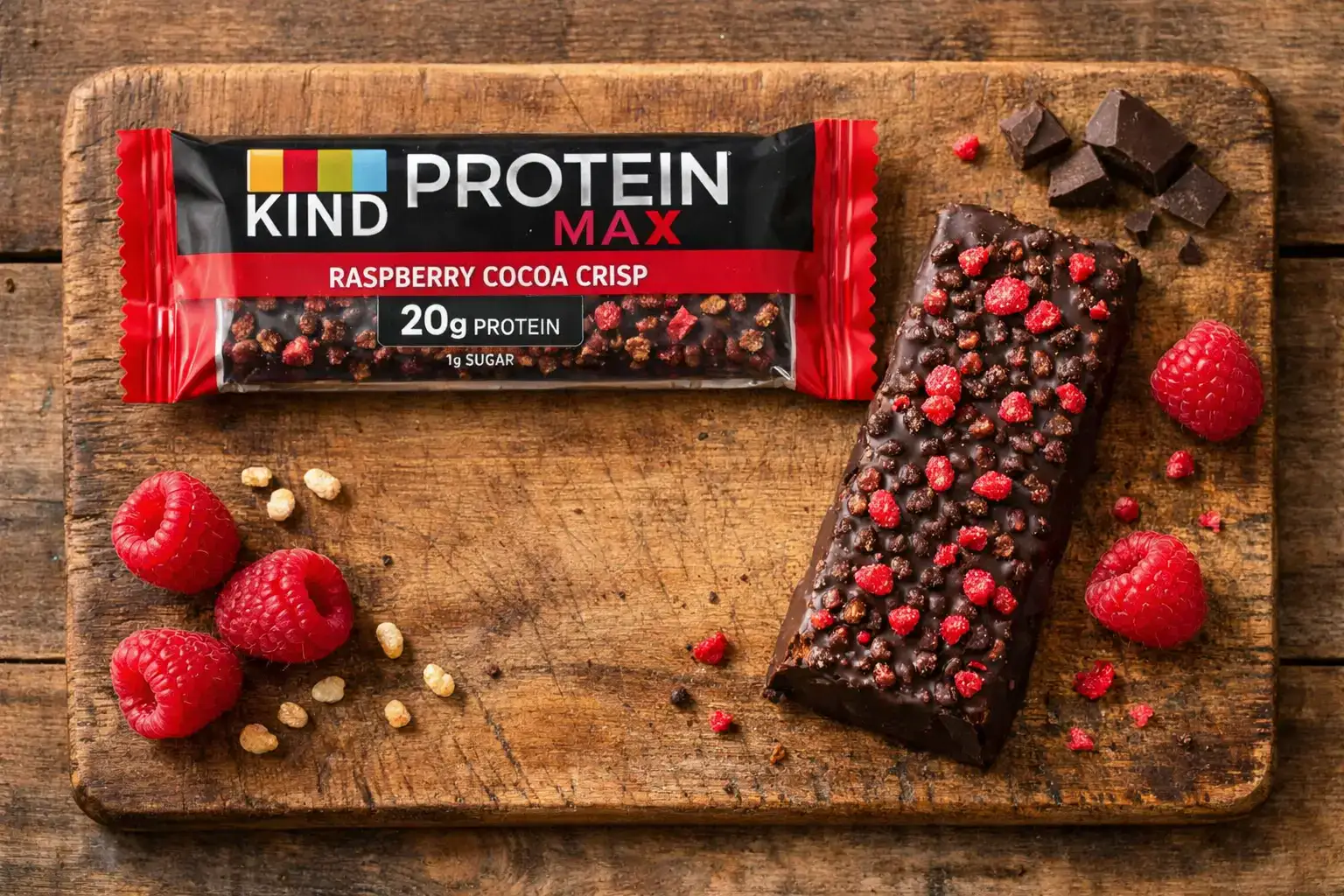 KIND Protein Max Himbeere Kakao Crisp Riegel auf rustikalem Holztisch - 240 Kalorien pro Riegel