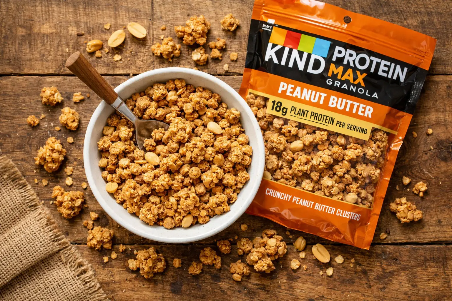 KIND Protein Max Granola Peanut Butter लकड़ी की टेबल पर - प्रति सर्विंग 260 कैलोरी