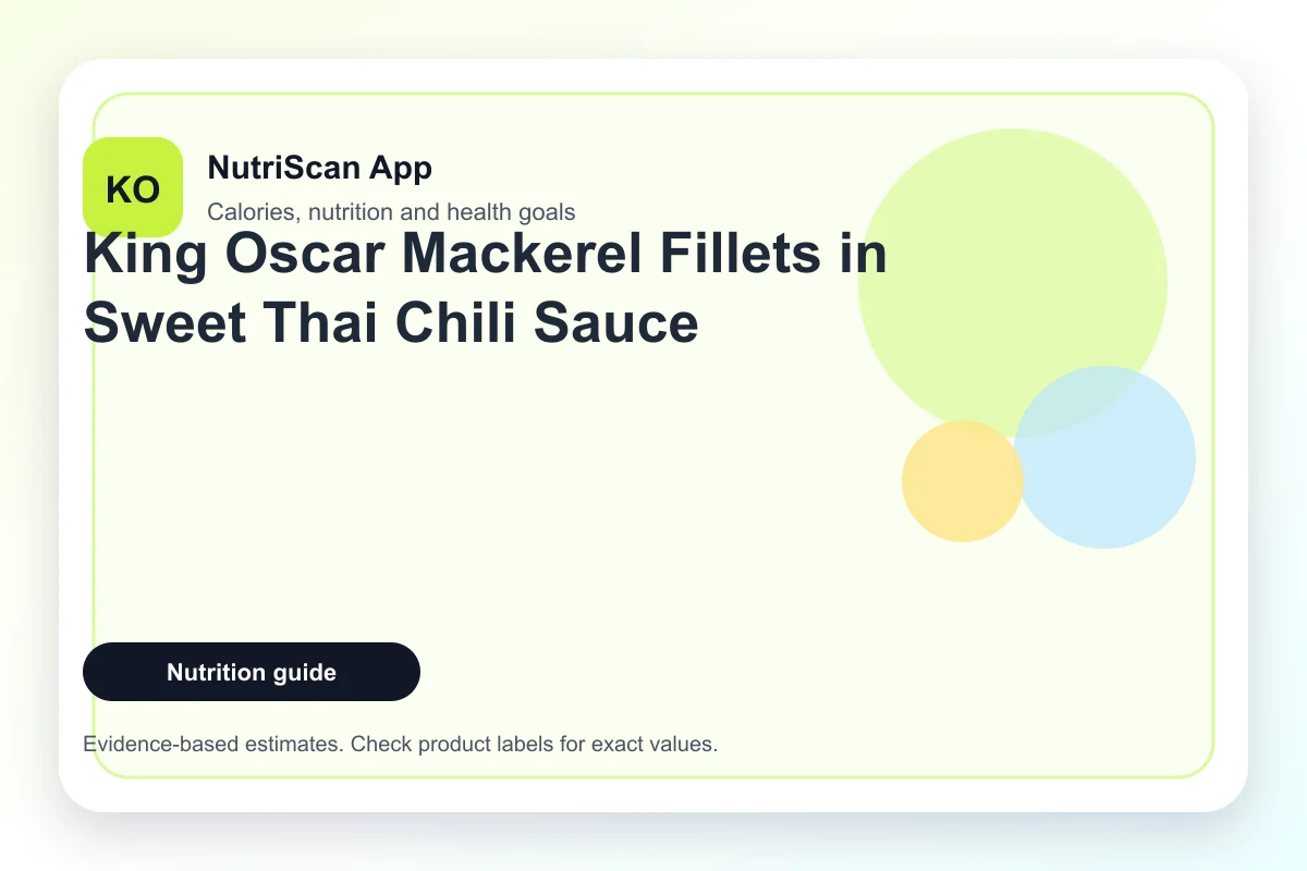 King Oscar mackerel fillets in sweet Thai chili sauce can, open with fish visible, on a rustic wooden surface