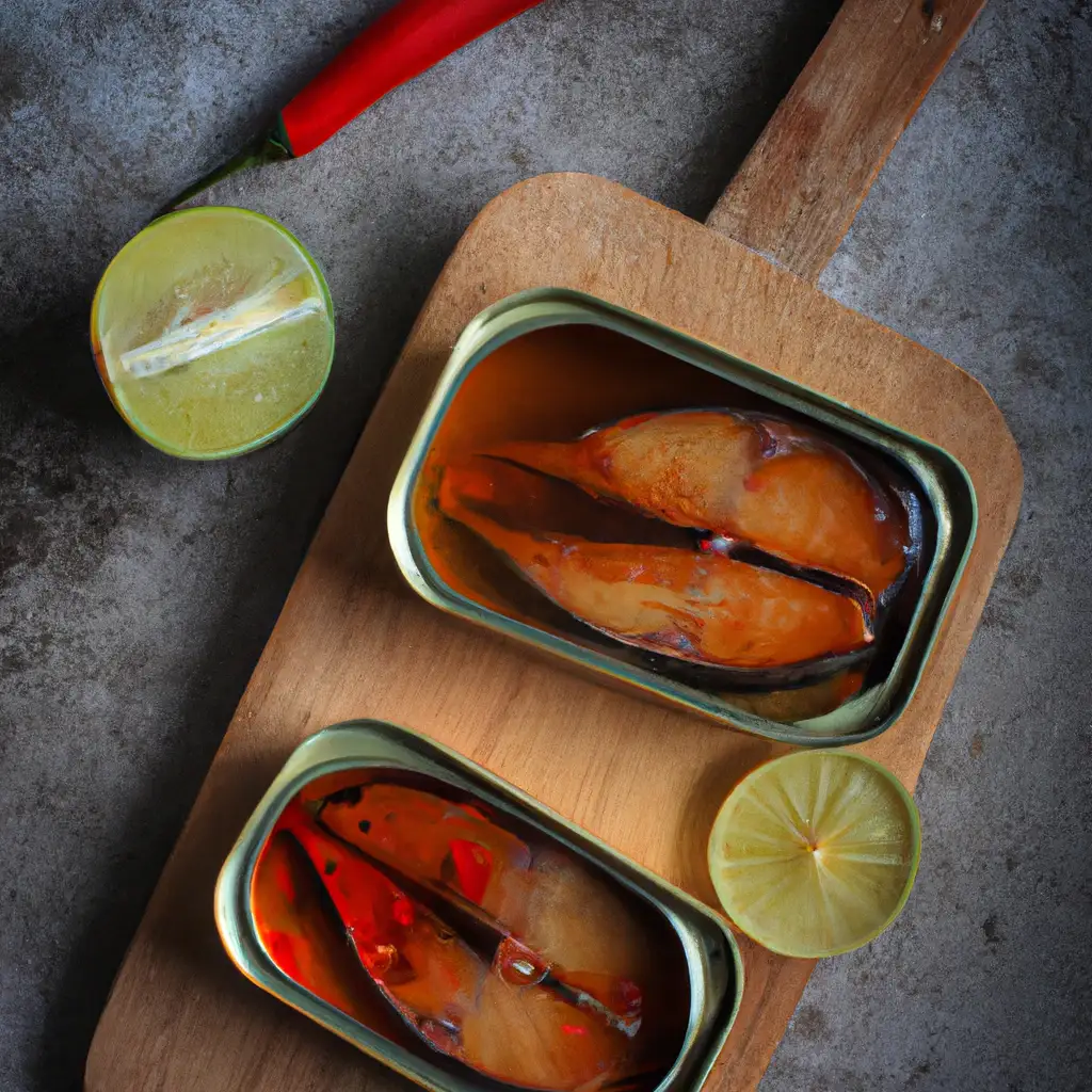 Fresh King Oscar Mackerel Fillets in Sweet Thai Chili Sauce on rustic wooden table - 200 calories per 115g tin