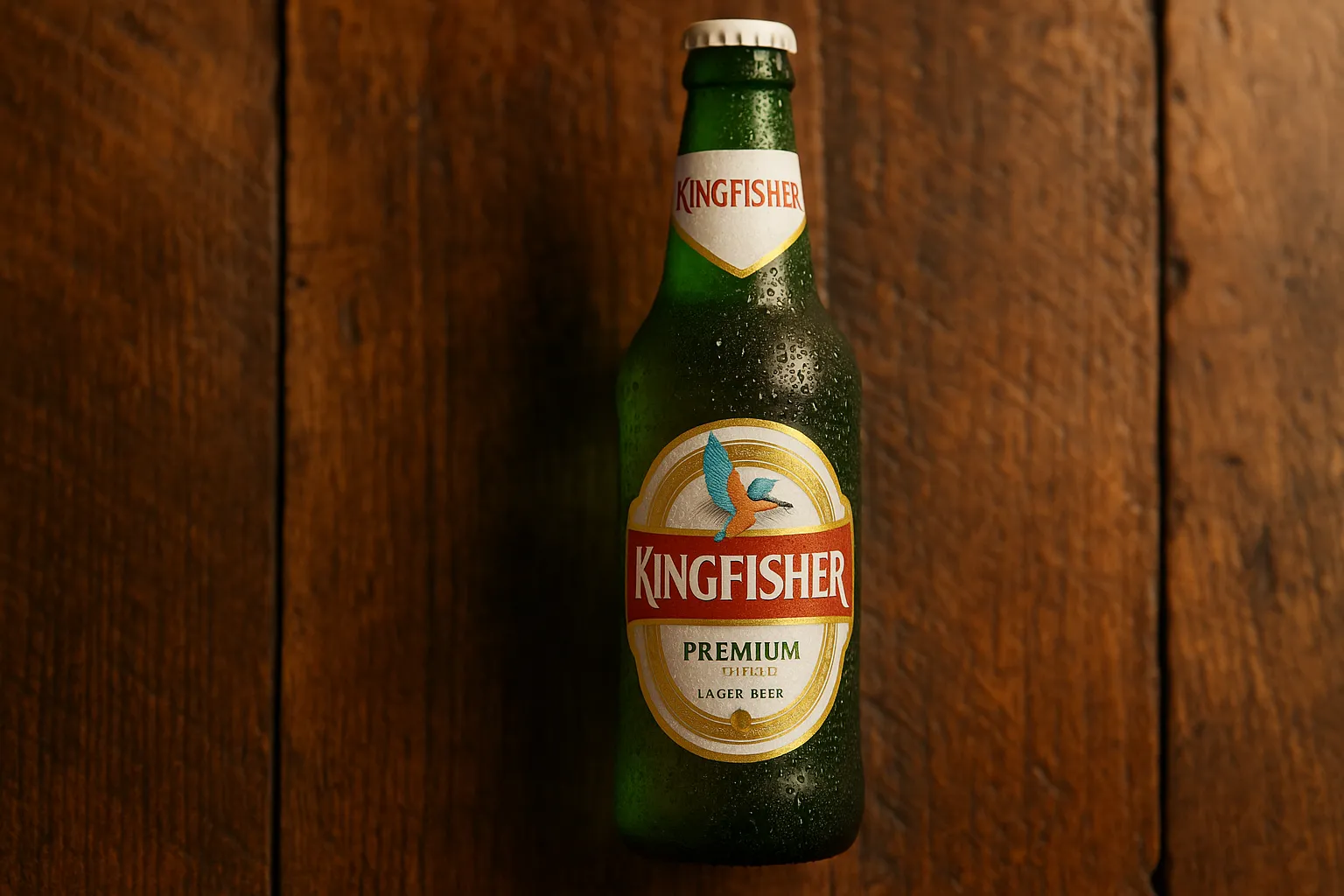 Bière Kingfisher fraîche sur une table en bois rustique - 142 calories par canette