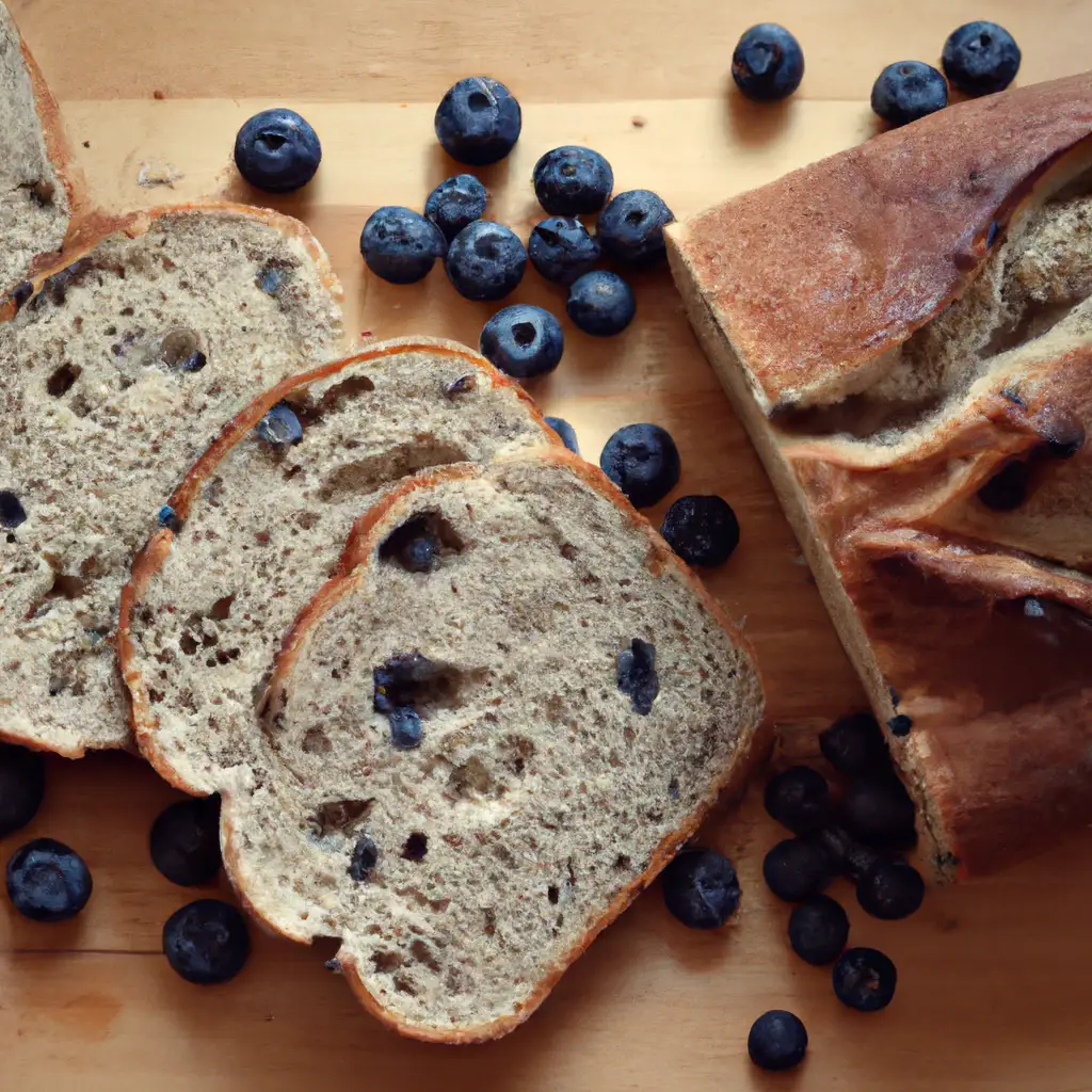 Fresh Kirkland Blueberry Sourdough Bread on rustic wooden table - 130 calories per 50g slice