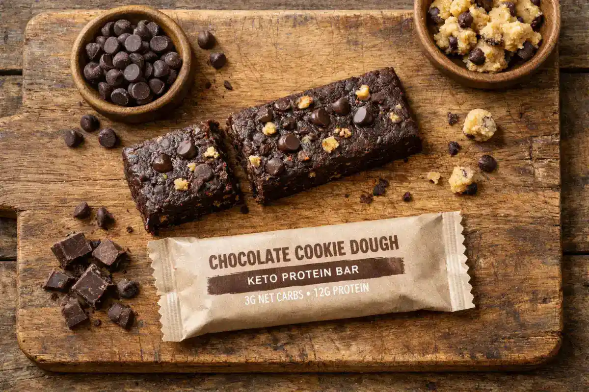 Kiss My Keto Chocolate Cookie Dough बार रस्टिक वुडन टेबल पर - 230 कैलोरी प्रति बार
