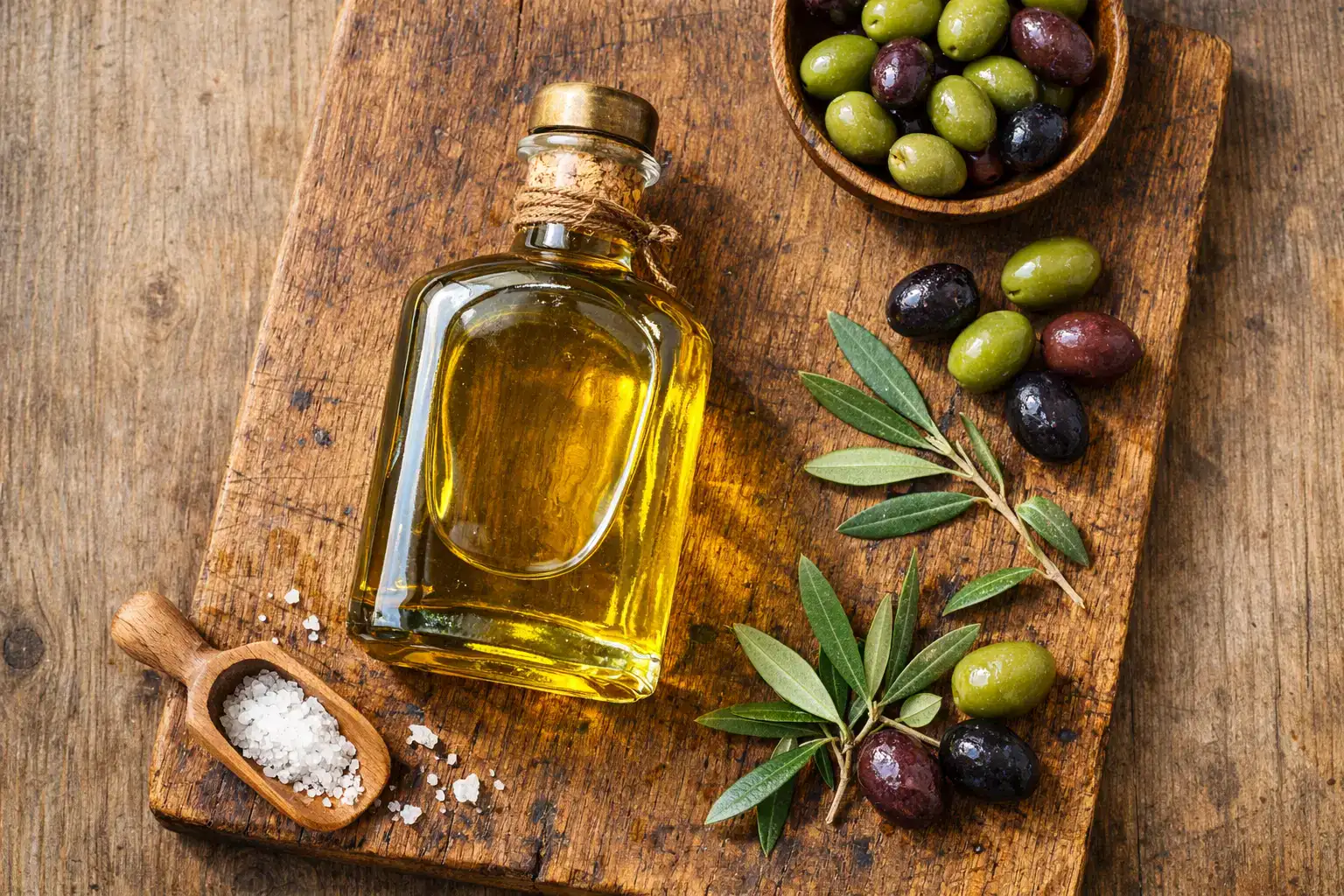 Fresh extra virgin olive oil in artisan bottle on rustic wooden table - 119 calories per tablespoon