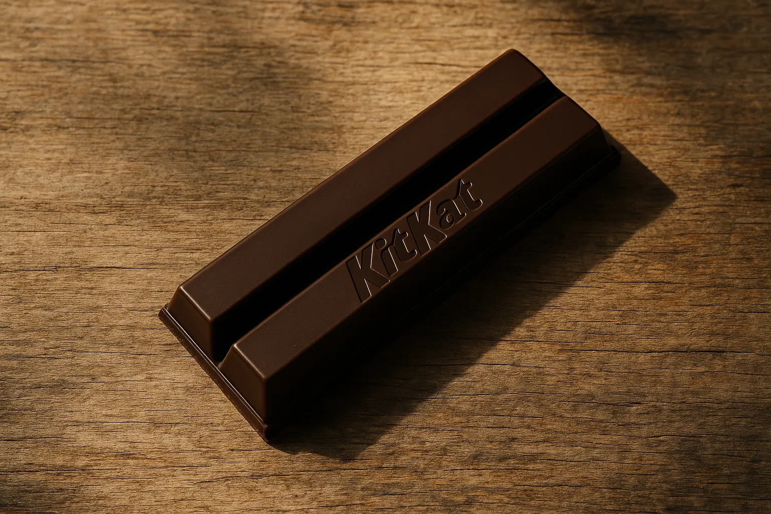 Barra de chocolate KitKat Dark en superficie de madera rústica - 230 calorías por barra