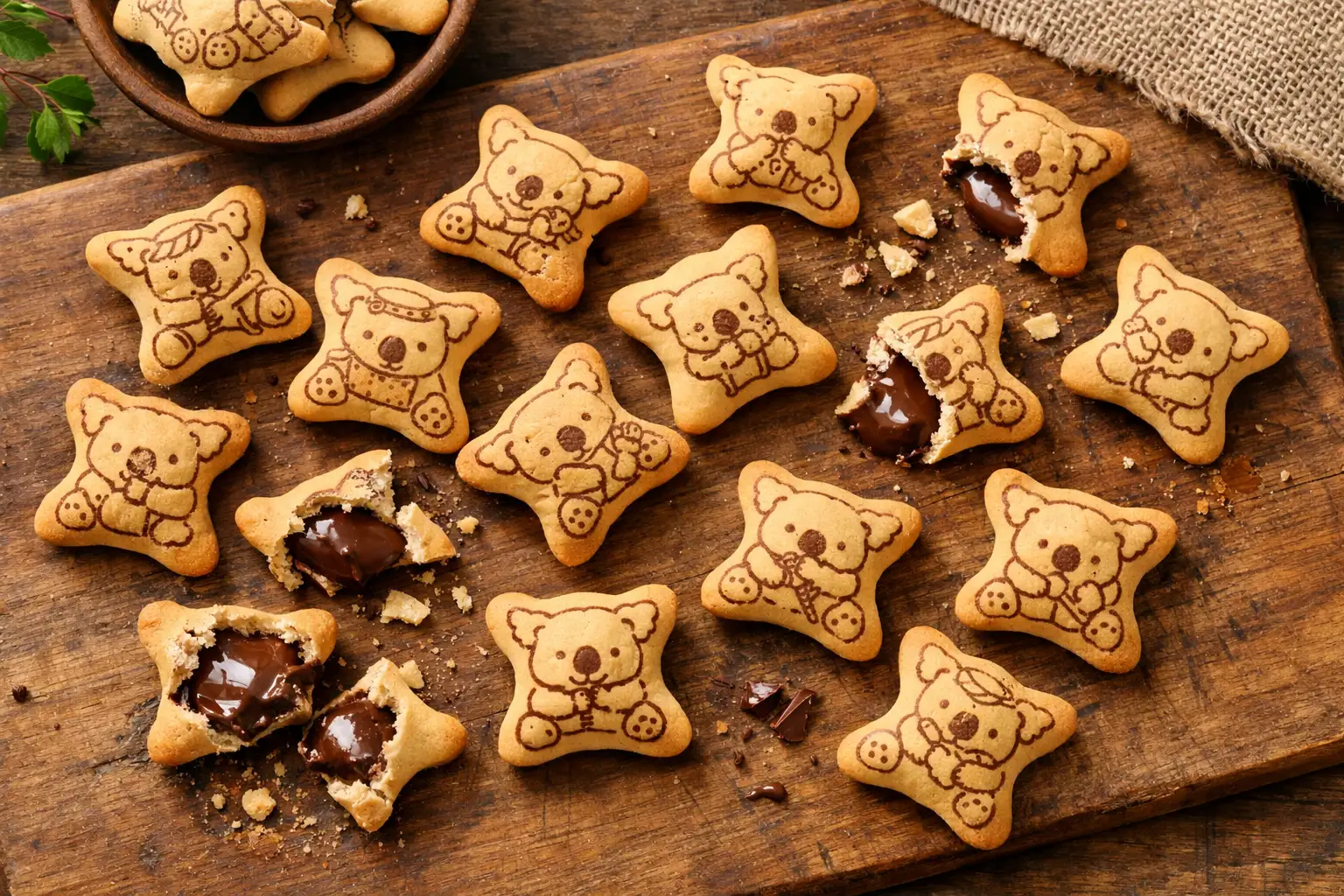 Galletas de chocolate Koala March frescas en mesa de madera rústica - 210 calorías por paquete de 41 g