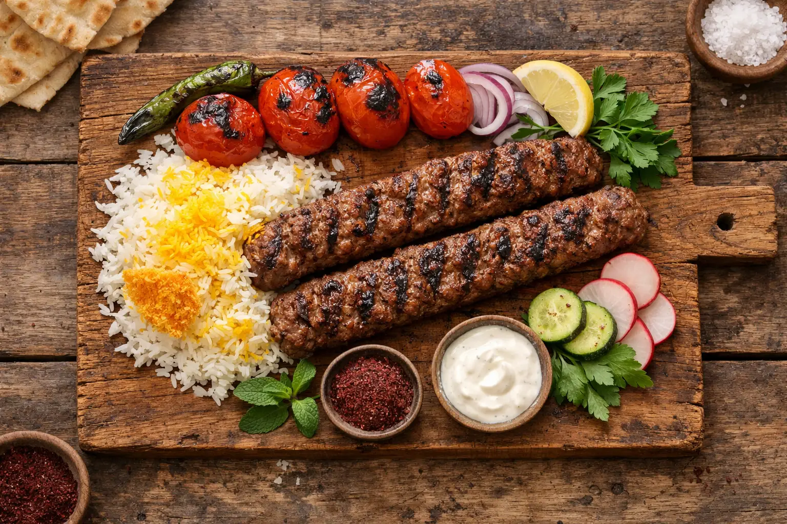 Koobideh persan frais sur table en bois rustique - 350 calories pour 2 brochettes