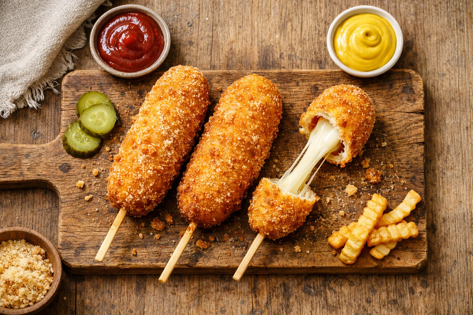 Korean corn dog fresco en mesa de madera rústica - 350 calorías por porción