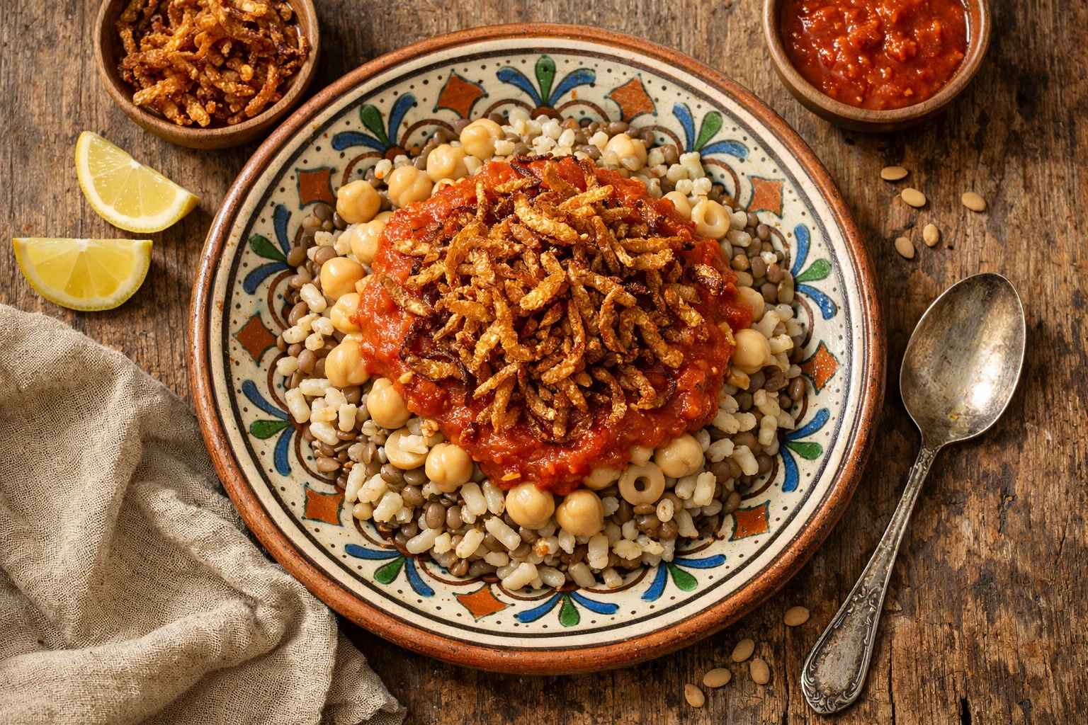 पारंपरिक प्लेट पर क्रिस्पी प्याज के साथ ताज़ा कोशरी - प्रति सर्विंग 280 कैलोरी