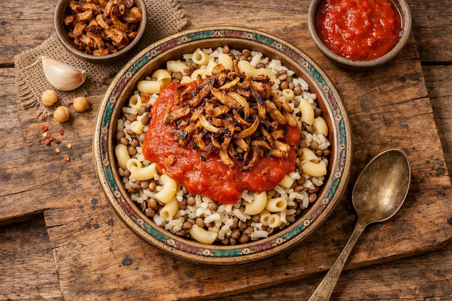 Koshari frais avec oignons croustillants sur assiette traditionnelle - 280 calories par portion