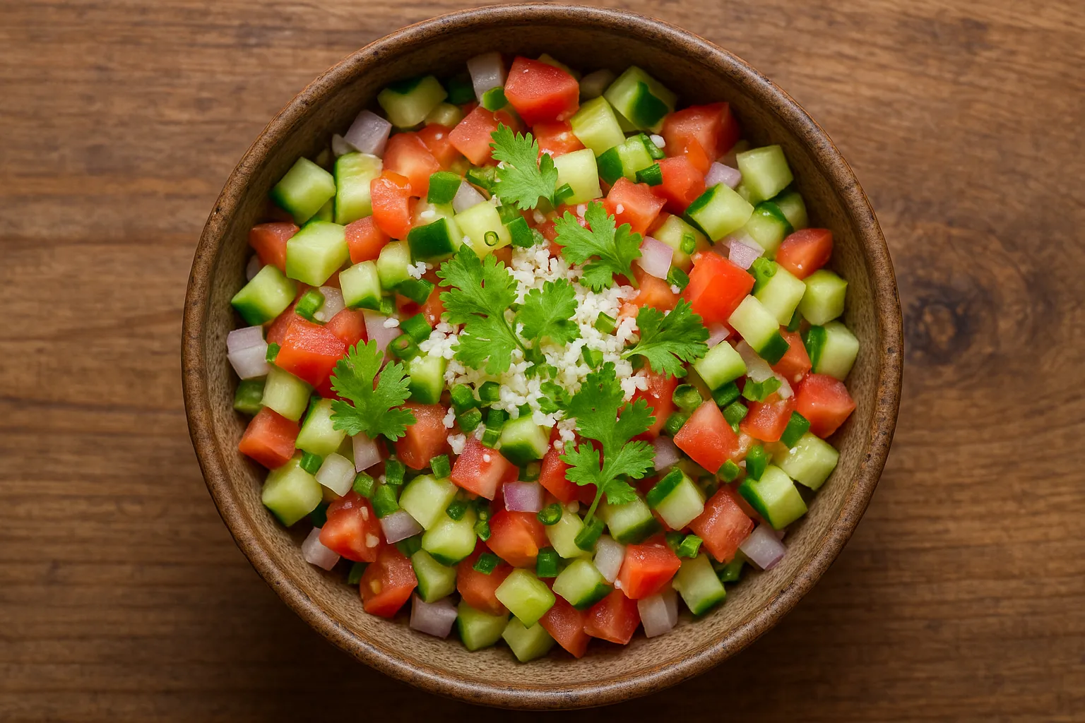 Ensalada de koshimbir fresco en mesa rústica de madera - 30 calorías por porción