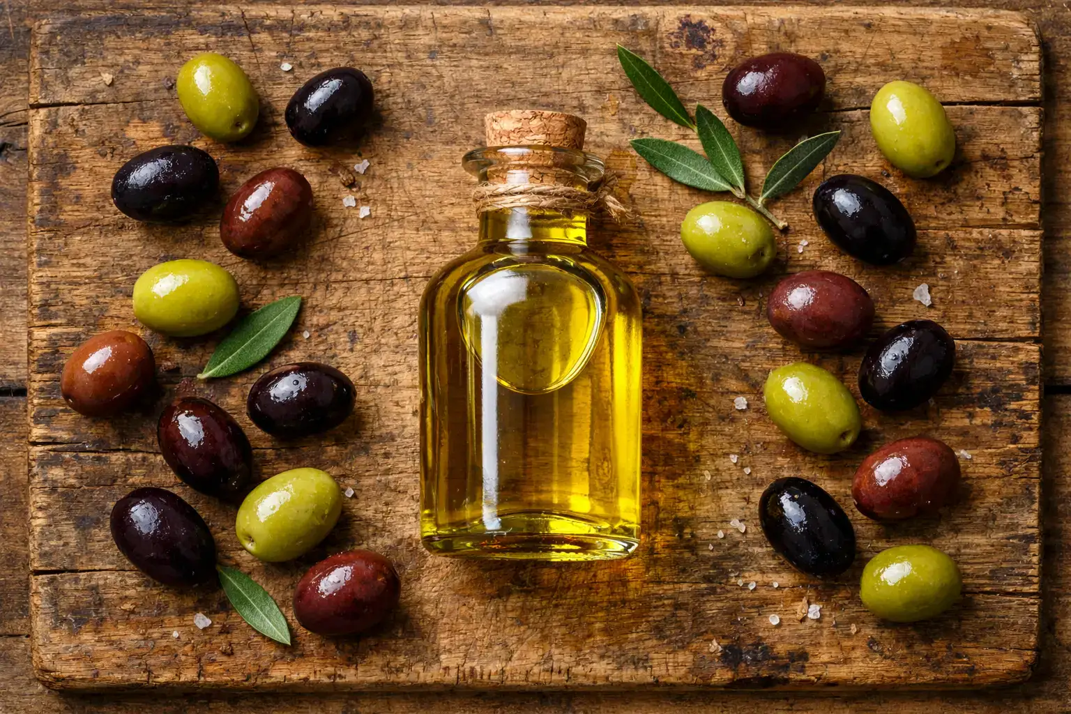 Frischer Olivenöl-Shot auf rustikalem Holztisch - 120 Kalorien pro Shot