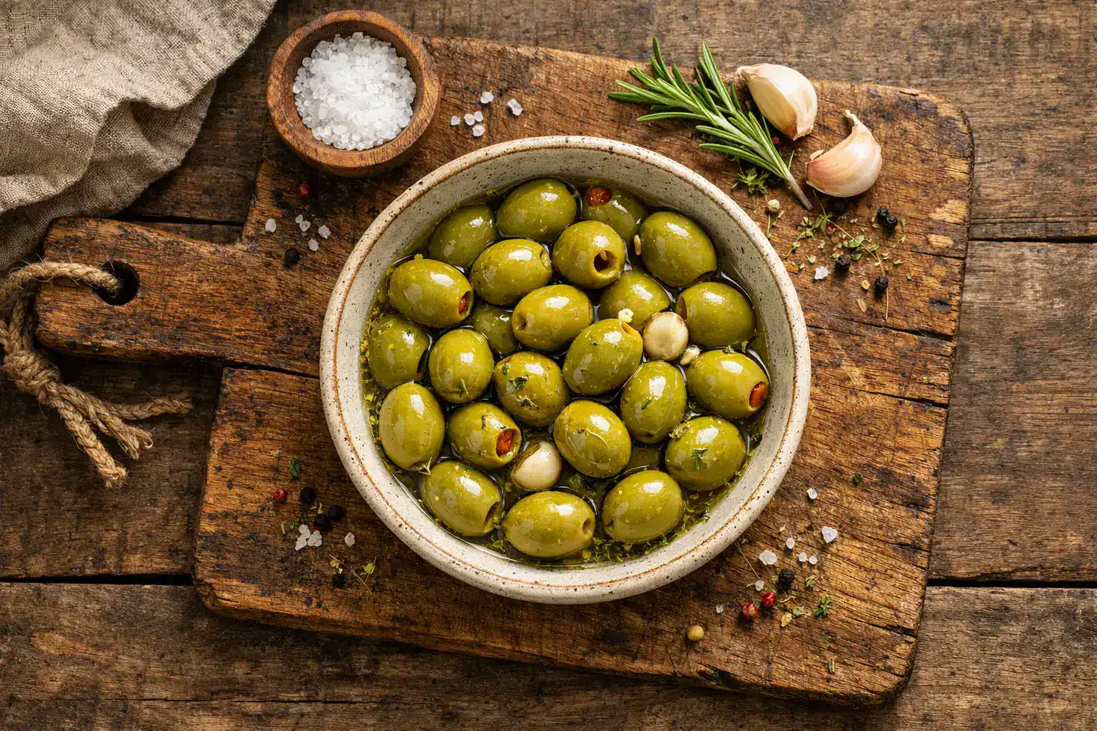 Fresh fermented olives on rustic wooden table - 35 calories per serving