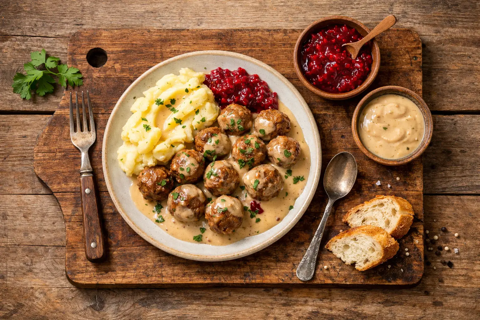 Swedish meatballs kottbullar with cream sauce and lingonberry on rustic wooden table - 260 calories per serving