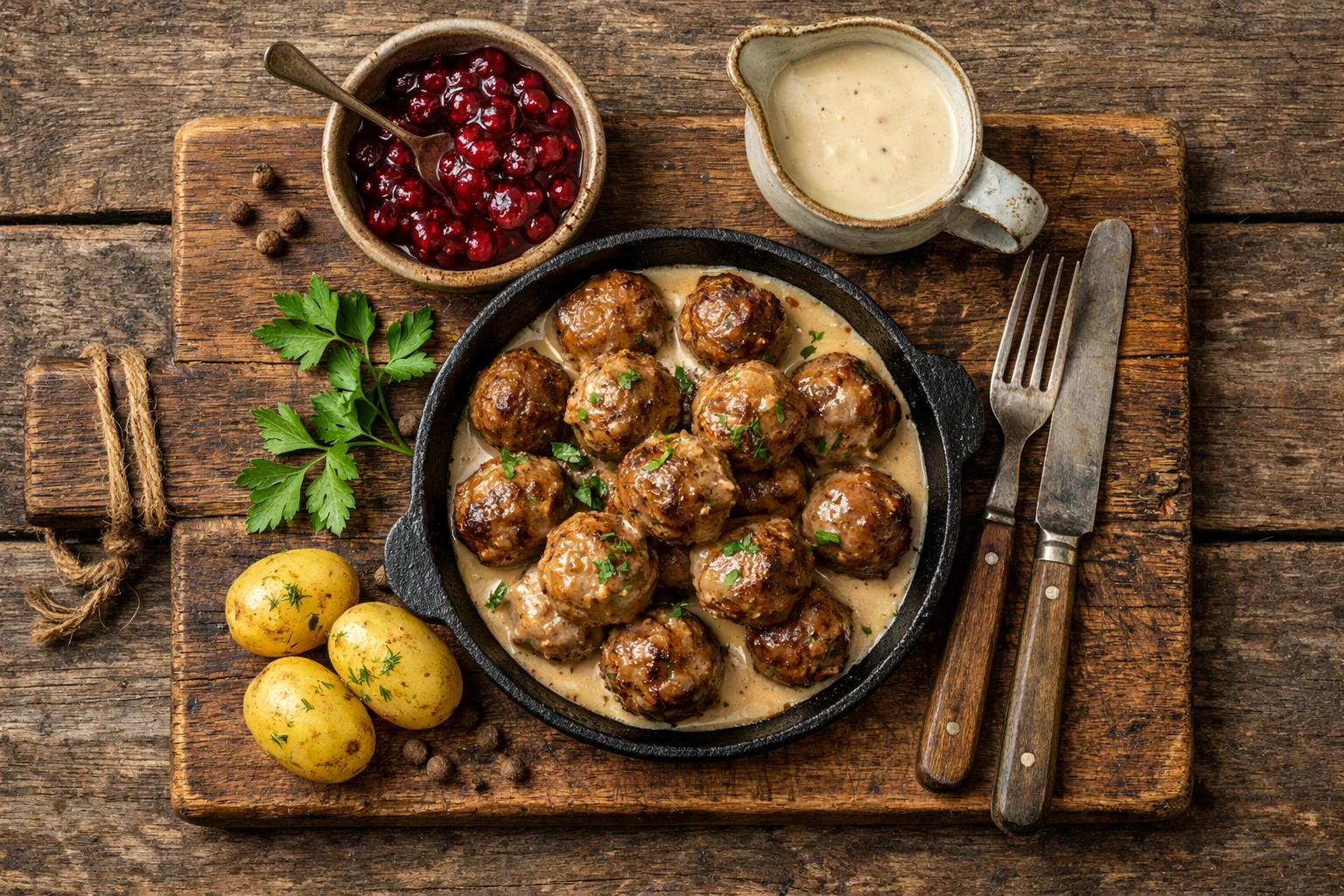 लकड़ी की मेज पर लिंगोनबेरी जैम और क्रीम सॉस के साथ ताजा कोट्टबुल्लर - 5 मीटबॉल्स में 280 कैलोरी