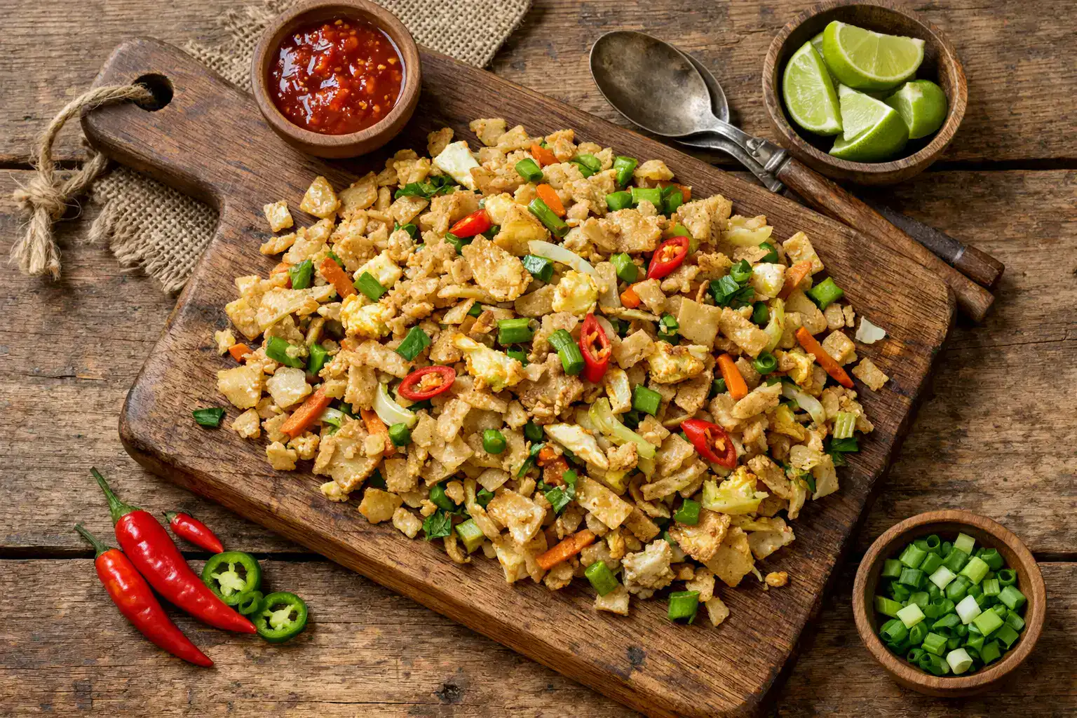 Kottu roti fresco en mesa de madera rústica - 450 calorías por porción
