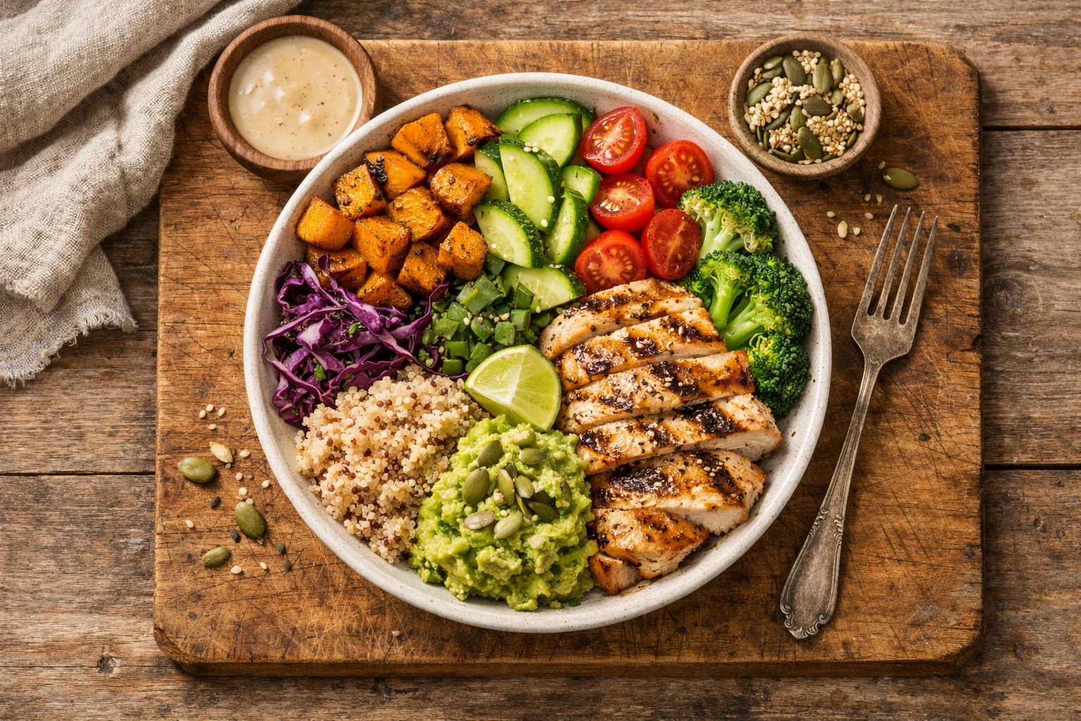 Fresh Kroger Simple Truth Protein Bowl on rustic wooden table - 310 calories per bowl