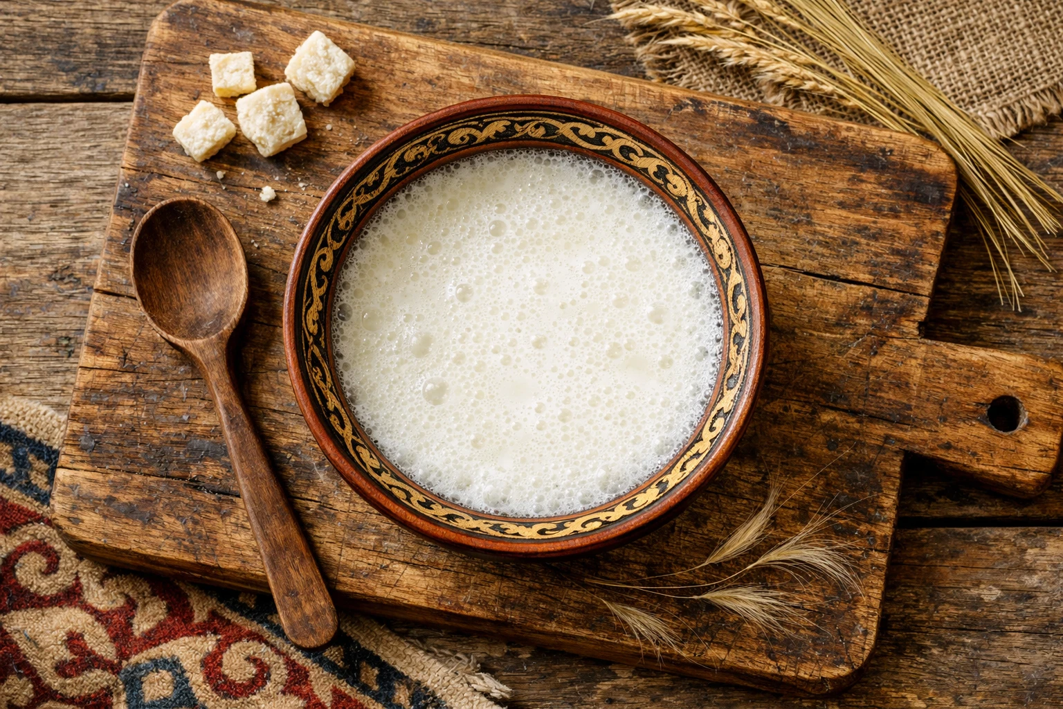 Koumiss frais lait de jument fermenté dans un bol traditionnel - 48 calories pour 100 ml