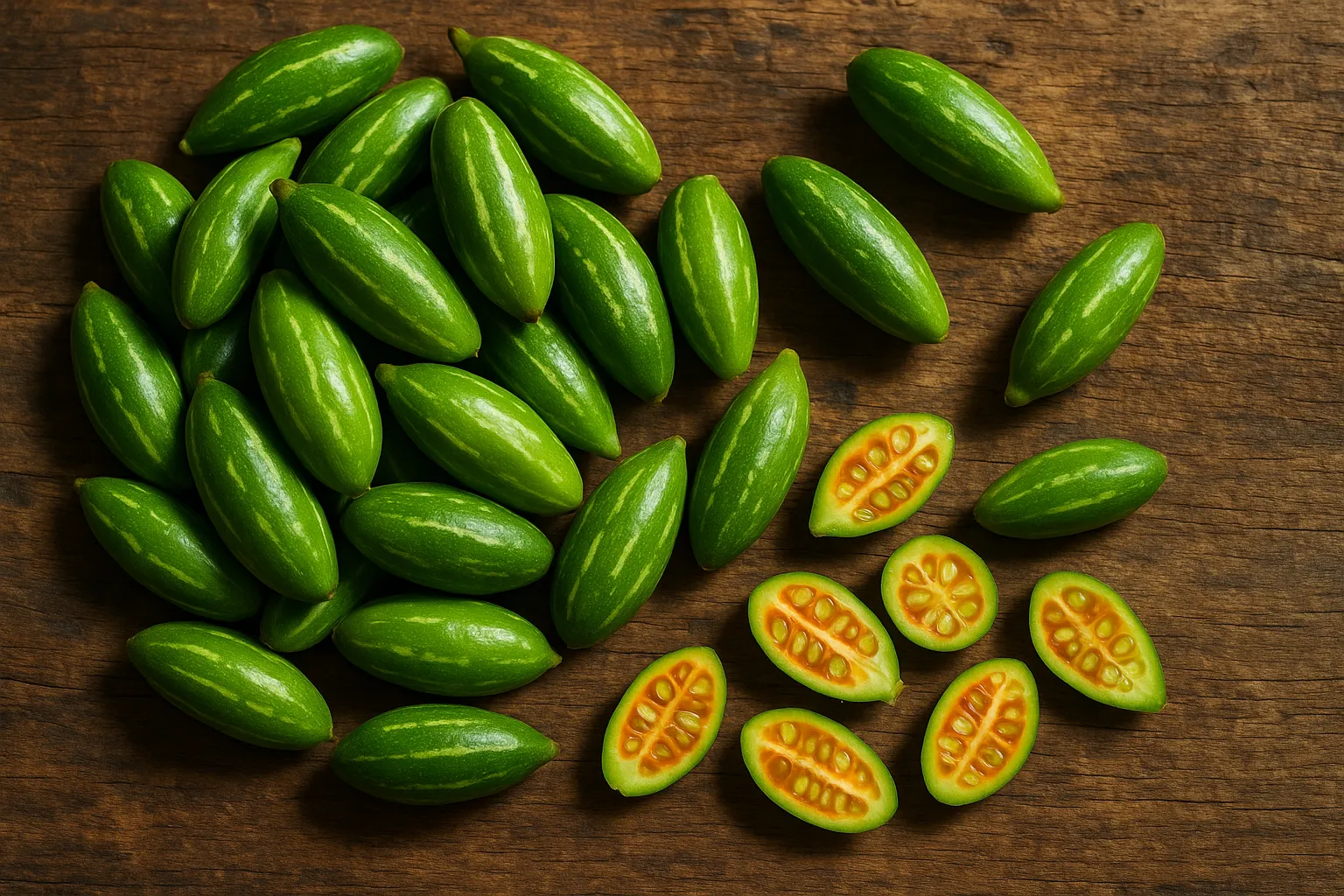 Kundru fresco (calabaza hiedra) en mesa de madera rústica - 20 calorías por 100g