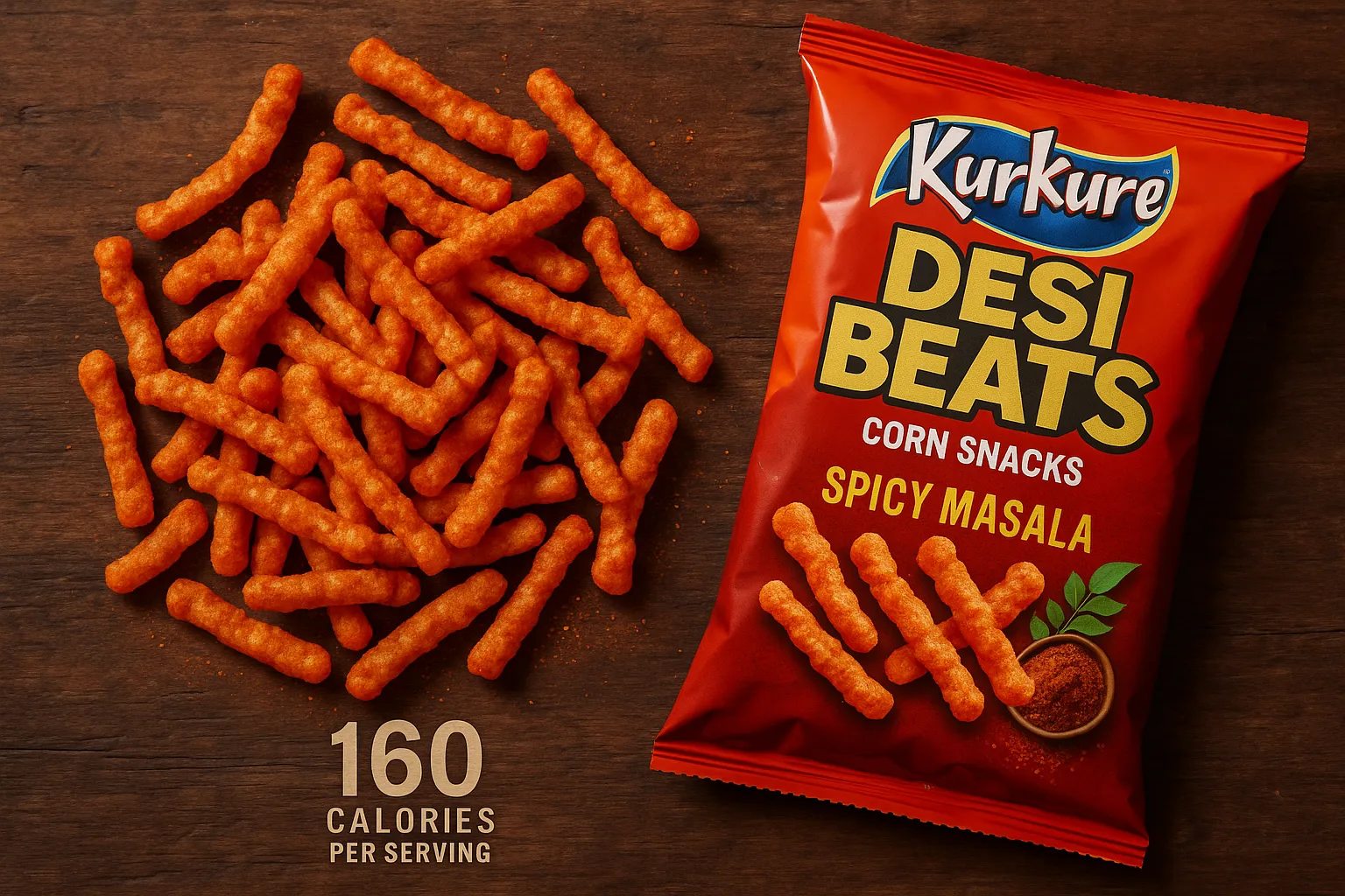 Kurkure Desi Beats corn snacks with spicy masala seasoning - 160 calories per serving
