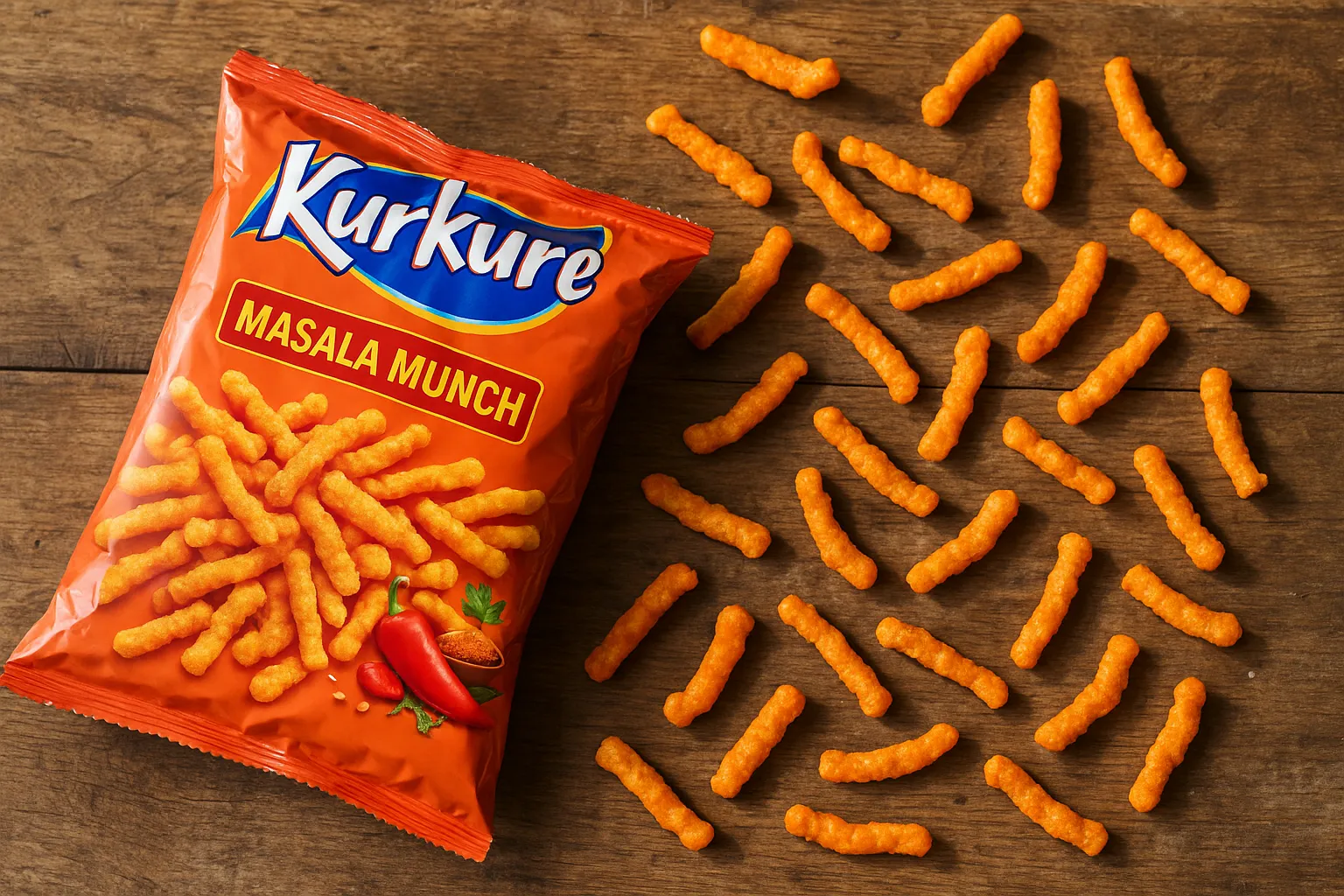 Bolas de Kurkure Masala Munch sobre mesa de madera rústica - 156 calorías por porción